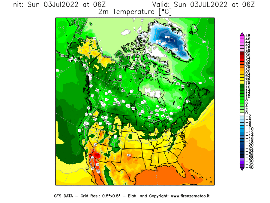 Mappa di analisi GFS - Temperatura a 2 metri dal suolo [°C] in Nord-America
							del 03/07/2022 06 <!--googleoff: index-->UTC<!--googleon: index-->