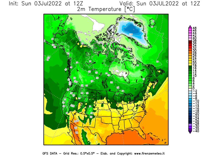Mappa di analisi GFS - Temperatura a 2 metri dal suolo [°C] in Nord-America
							del 03/07/2022 12 <!--googleoff: index-->UTC<!--googleon: index-->