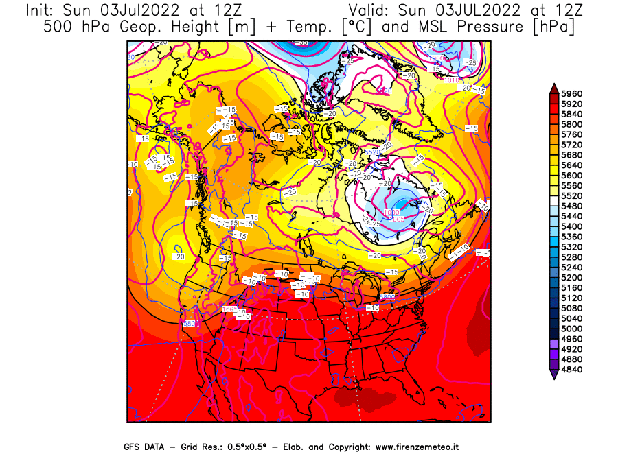 GFS analysi map - Geopotential [m] + Temp. [°C] at 500 hPa + Sea Level Pressure [hPa] in North America
									on 03/07/2022 12 <!--googleoff: index-->UTC<!--googleon: index-->