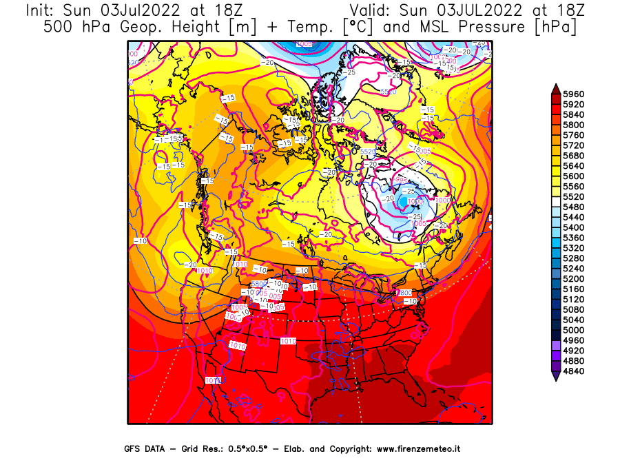 GFS analysi map - Geopotential [m] + Temp. [°C] at 500 hPa + Sea Level Pressure [hPa] in North America
									on 03/07/2022 18 <!--googleoff: index-->UTC<!--googleon: index-->