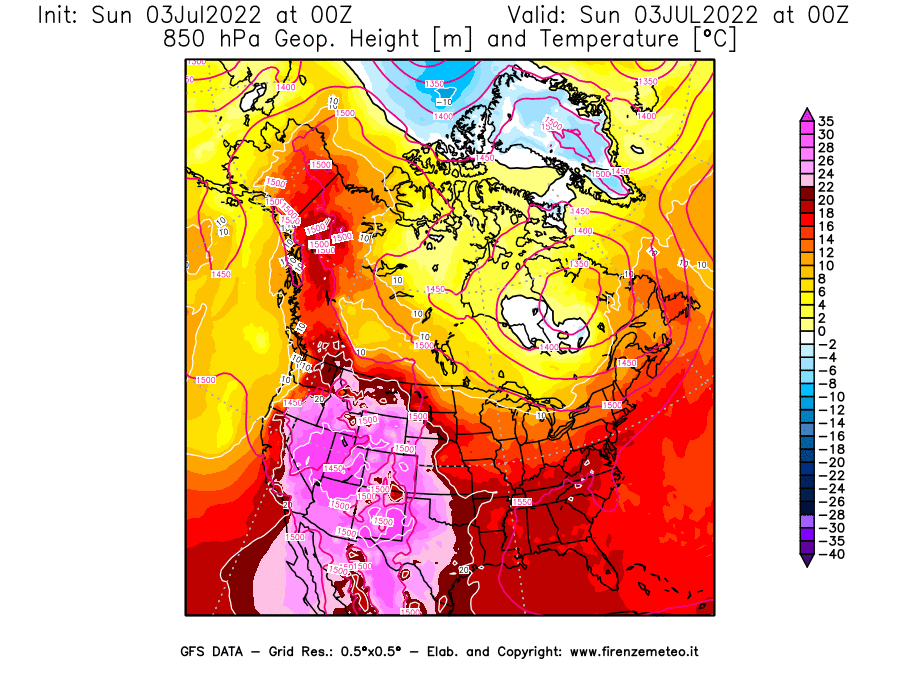 GFS analysi map - Geopotential [m] and Temperature [°C] at 850 hPa in North America
									on 03/07/2022 00 <!--googleoff: index-->UTC<!--googleon: index-->