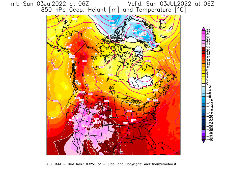 GFS analysi map - Geopotential [m] and Temperature [°C] at 850 hPa in North America
									on 03/07/2022 06 <!--googleoff: index-->UTC<!--googleon: index-->