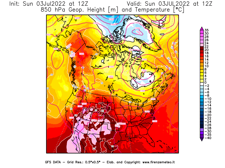 GFS analysi map - Geopotential [m] and Temperature [°C] at 850 hPa in North America
									on 03/07/2022 12 <!--googleoff: index-->UTC<!--googleon: index-->