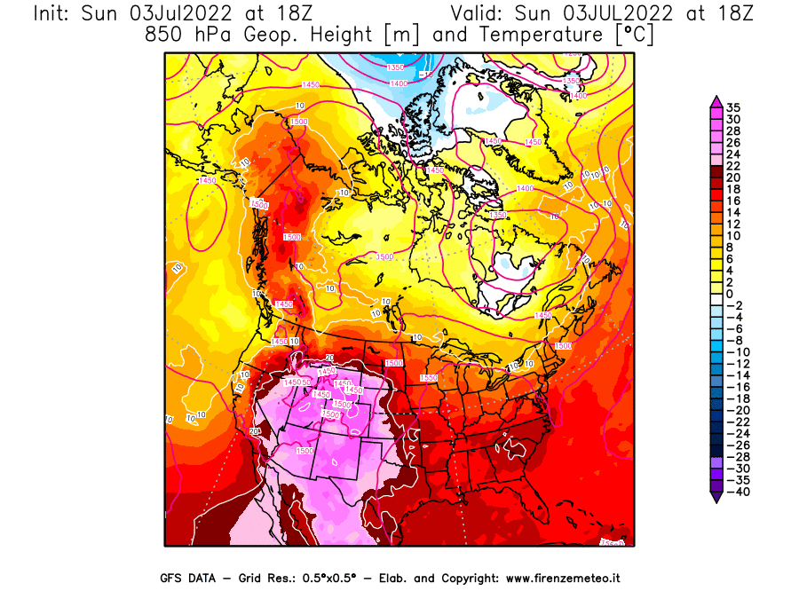 Mappa di analisi GFS - Geopotenziale [m] e Temperatura [°C] a 850 hPa in Nord-America
							del 03/07/2022 18 <!--googleoff: index-->UTC<!--googleon: index-->