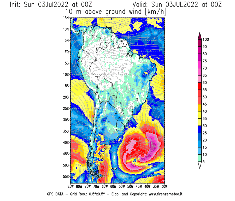 Mappa di analisi GFS - Velocità del vento a 10 metri dal suolo [km/h] in Sud-America
							del 03/07/2022 00 <!--googleoff: index-->UTC<!--googleon: index-->
