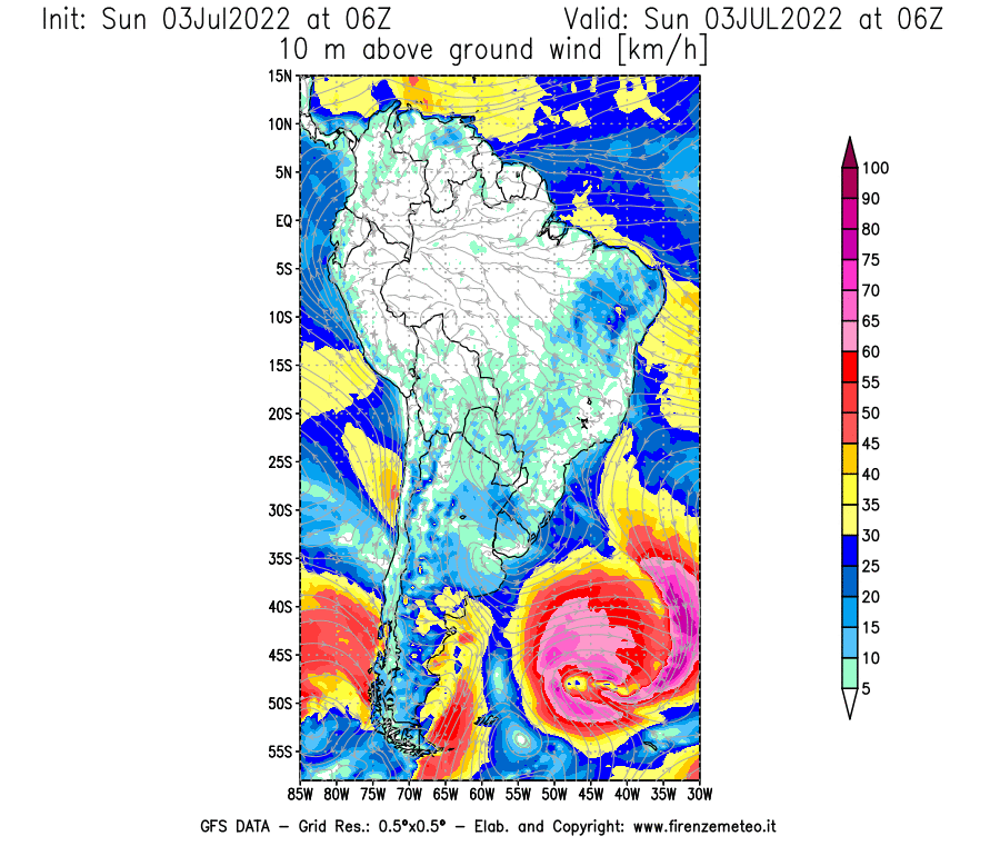 Mappa di analisi GFS - Velocità del vento a 10 metri dal suolo [km/h] in Sud-America
							del 03/07/2022 06 <!--googleoff: index-->UTC<!--googleon: index-->