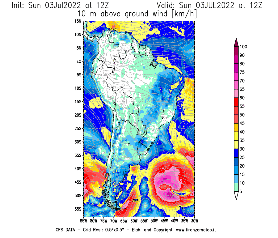 Mappa di analisi GFS - Velocità del vento a 10 metri dal suolo [km/h] in Sud-America
							del 03/07/2022 12 <!--googleoff: index-->UTC<!--googleon: index-->