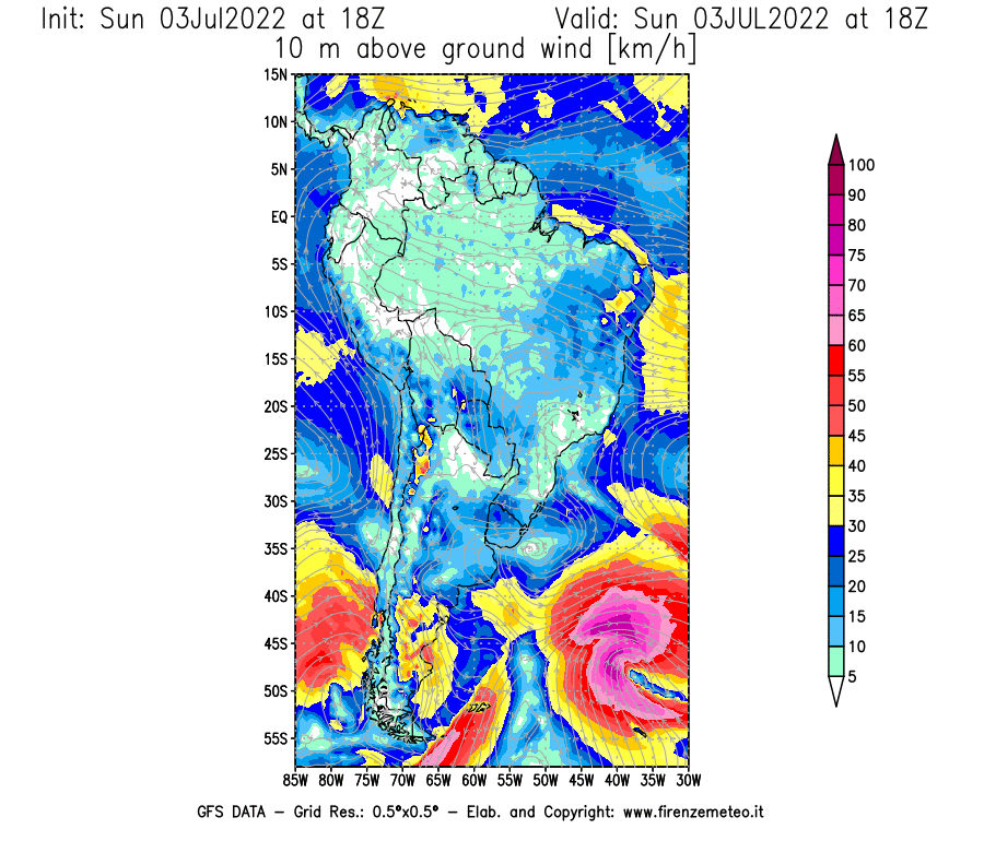 Mappa di analisi GFS - Velocità del vento a 10 metri dal suolo [km/h] in Sud-America
							del 03/07/2022 18 <!--googleoff: index-->UTC<!--googleon: index-->