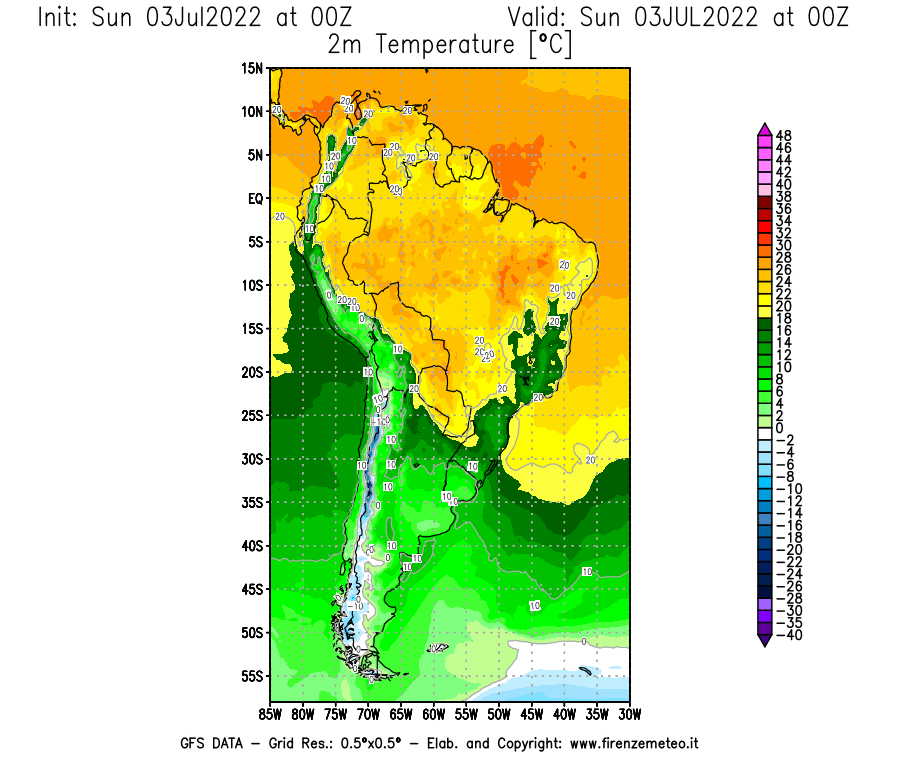 Mappa di analisi GFS - Temperatura a 2 metri dal suolo [°C] in Sud-America
							del 03/07/2022 00 <!--googleoff: index-->UTC<!--googleon: index-->