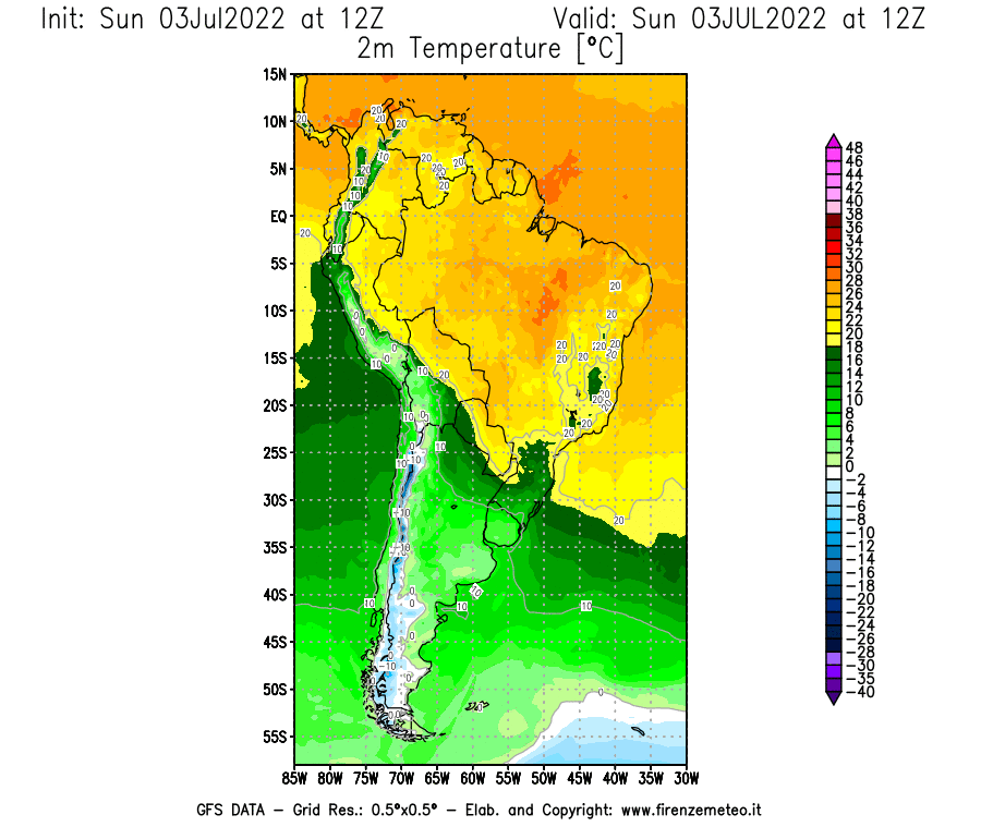 Mappa di analisi GFS - Temperatura a 2 metri dal suolo [°C] in Sud-America
							del 03/07/2022 12 <!--googleoff: index-->UTC<!--googleon: index-->