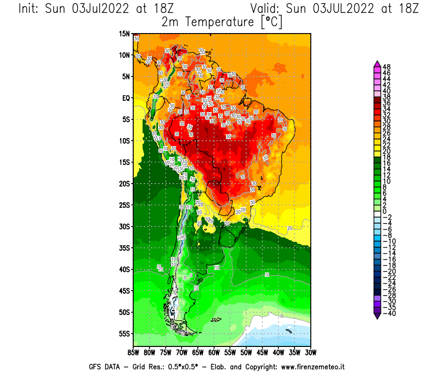 Mappa di analisi GFS - Temperatura a 2 metri dal suolo [°C] in Sud-America
							del 03/07/2022 18 <!--googleoff: index-->UTC<!--googleon: index-->