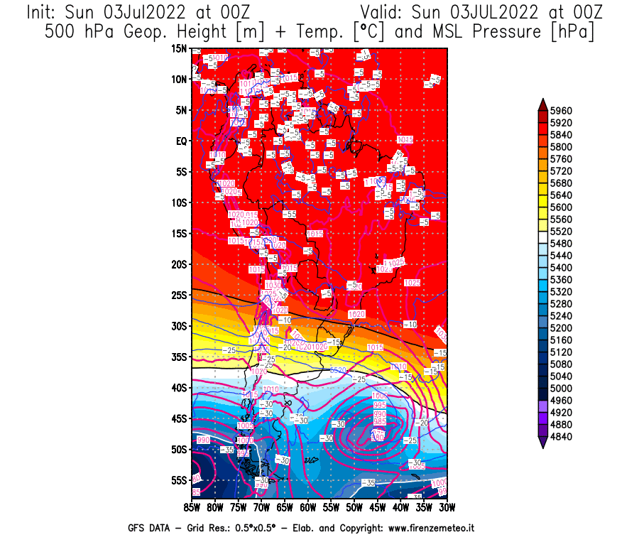 Mappa di analisi GFS - Geopotenziale [m] + Temp. [°C] a 500 hPa + Press. a livello del mare [hPa] in Sud-America
							del 03/07/2022 00 <!--googleoff: index-->UTC<!--googleon: index-->