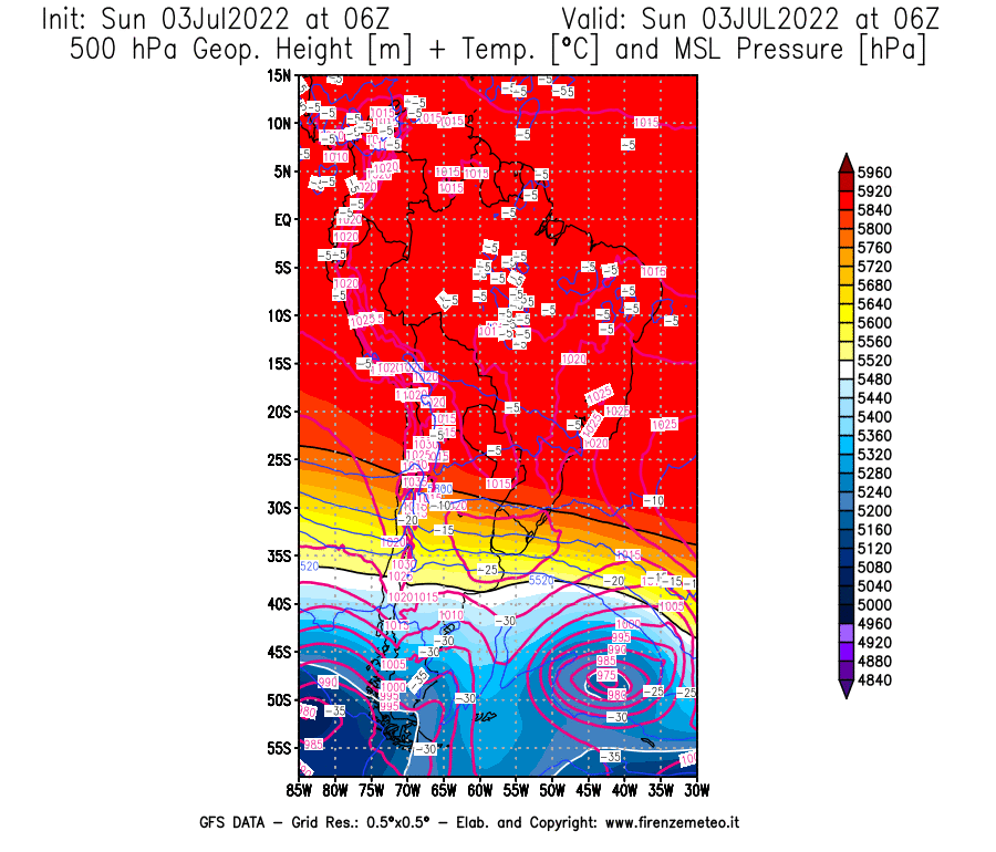Mappa di analisi GFS - Geopotenziale [m] + Temp. [°C] a 500 hPa + Press. a livello del mare [hPa] in Sud-America
							del 03/07/2022 06 <!--googleoff: index-->UTC<!--googleon: index-->