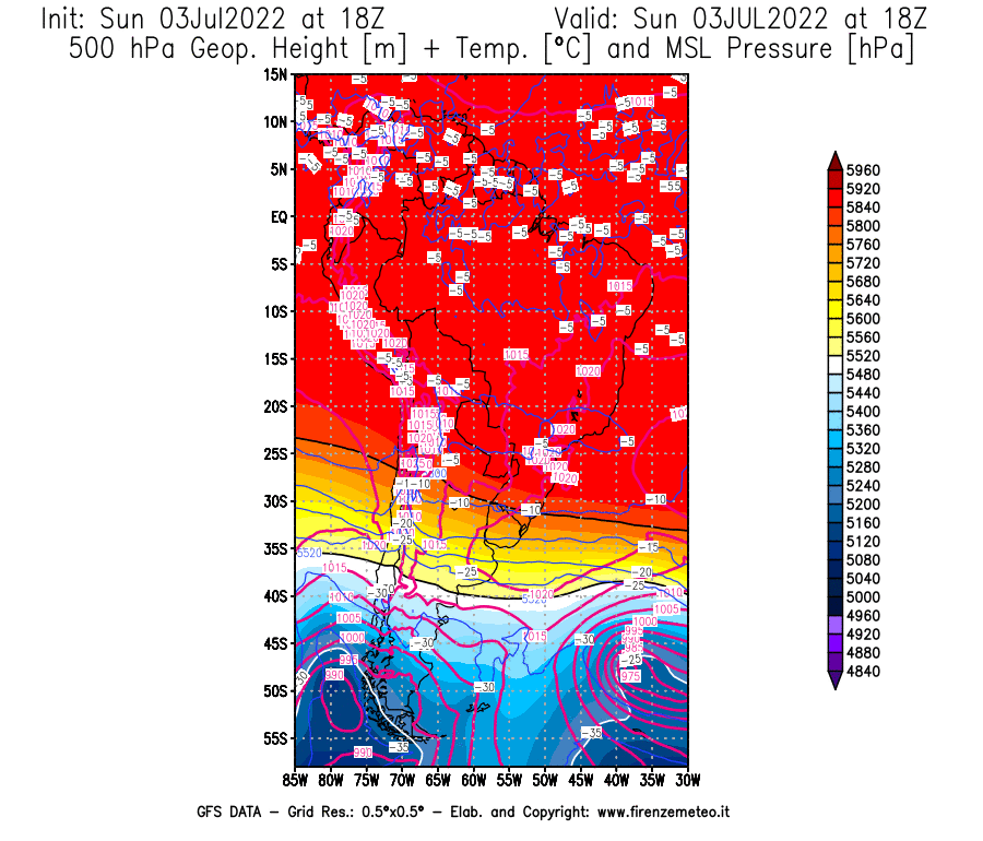 Mappa di analisi GFS - Geopotenziale [m] + Temp. [°C] a 500 hPa + Press. a livello del mare [hPa] in Sud-America
							del 03/07/2022 18 <!--googleoff: index-->UTC<!--googleon: index-->