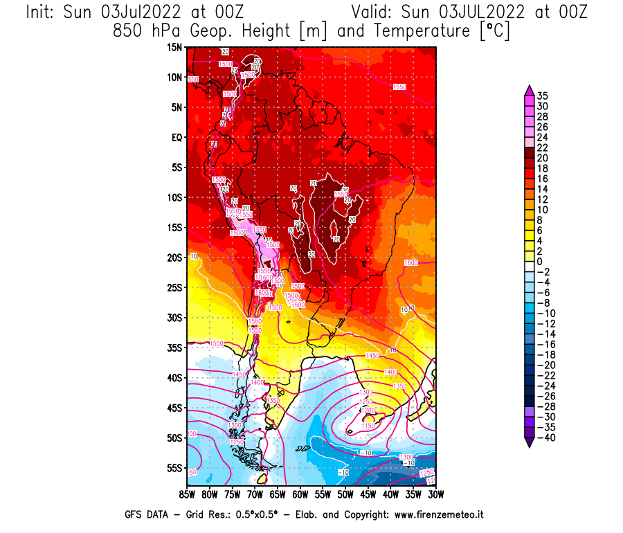 Mappa di analisi GFS - Geopotenziale [m] e Temperatura [°C] a 850 hPa in Sud-America
							del 03/07/2022 00 <!--googleoff: index-->UTC<!--googleon: index-->