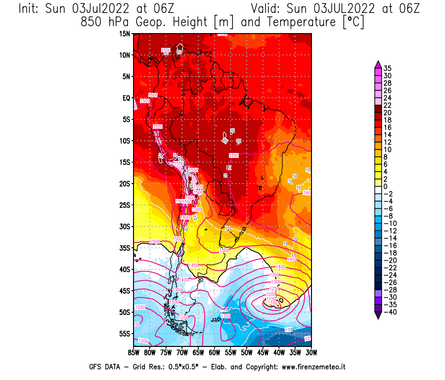 Mappa di analisi GFS - Geopotenziale [m] e Temperatura [°C] a 850 hPa in Sud-America
							del 03/07/2022 06 <!--googleoff: index-->UTC<!--googleon: index-->