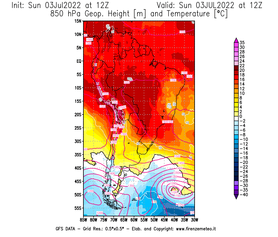 Mappa di analisi GFS - Geopotenziale [m] e Temperatura [°C] a 850 hPa in Sud-America
							del 03/07/2022 12 <!--googleoff: index-->UTC<!--googleon: index-->