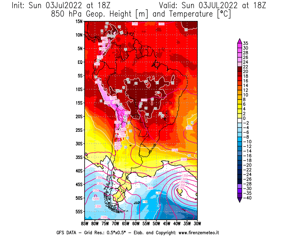 GFS analysi map - Geopotential [m] and Temperature [°C] at 850 hPa in South America
									on 03/07/2022 18 <!--googleoff: index-->UTC<!--googleon: index-->