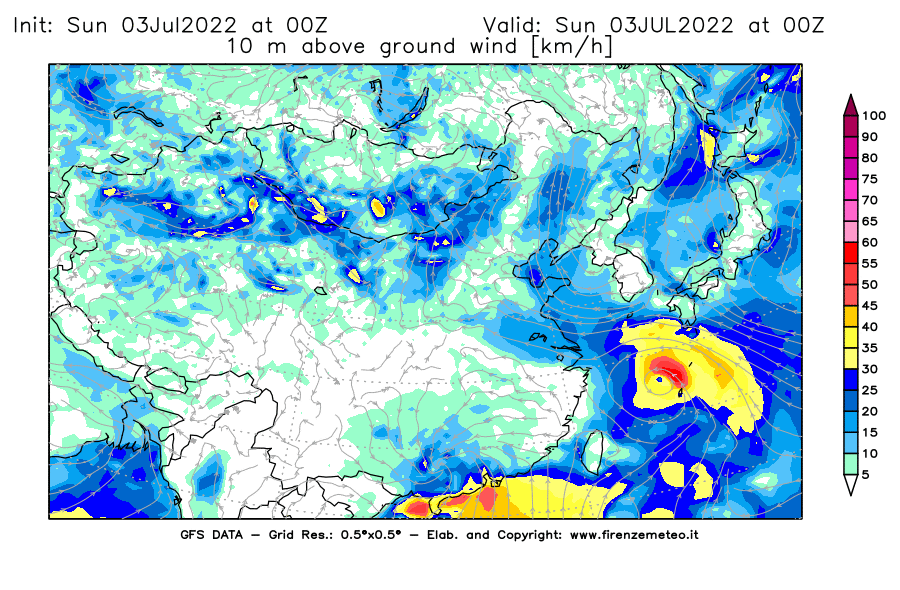 Mappa di analisi GFS - Velocità del vento a 10 metri dal suolo [km/h] in Asia Orientale
							del 03/07/2022 00 <!--googleoff: index-->UTC<!--googleon: index-->