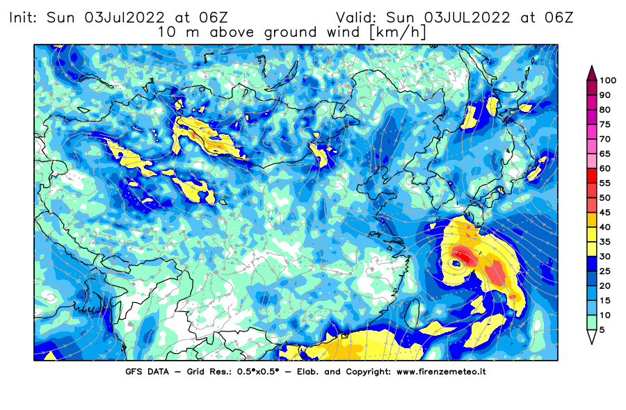 Mappa di analisi GFS - Velocità del vento a 10 metri dal suolo [km/h] in Asia Orientale
							del 03/07/2022 06 <!--googleoff: index-->UTC<!--googleon: index-->