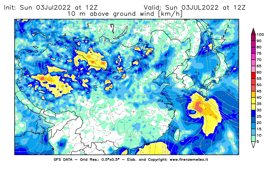 Mappa di analisi GFS - Velocità del vento a 10 metri dal suolo [km/h] in Asia Orientale
							del 03/07/2022 12 <!--googleoff: index-->UTC<!--googleon: index-->