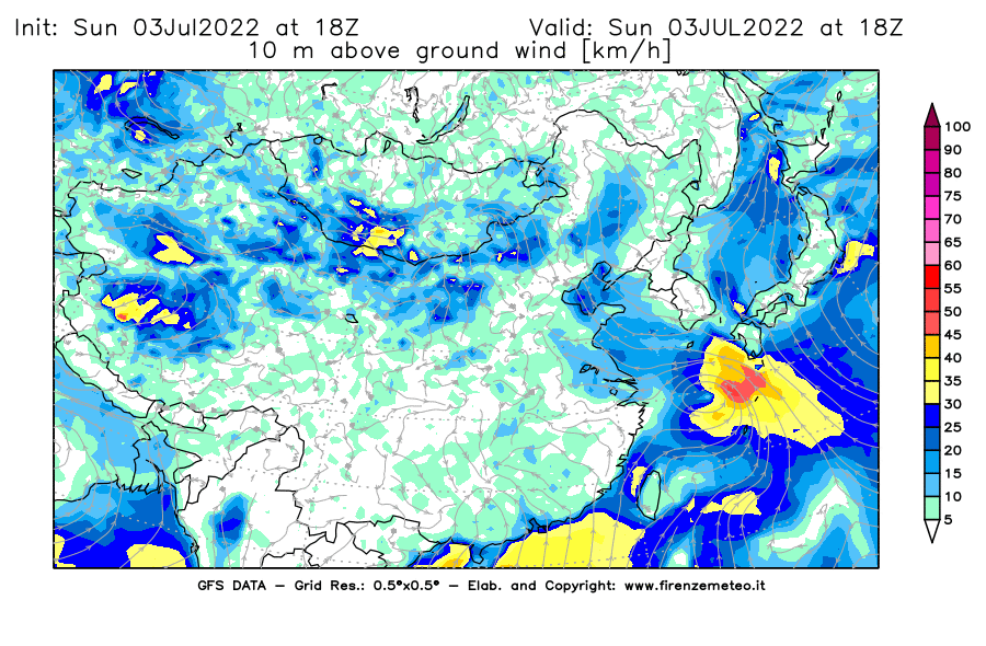 Mappa di analisi GFS - Velocità del vento a 10 metri dal suolo [km/h] in Asia Orientale
							del 03/07/2022 18 <!--googleoff: index-->UTC<!--googleon: index-->