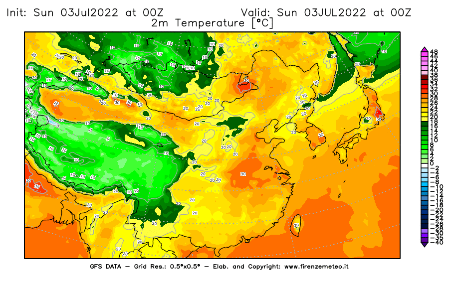 Mappa di analisi GFS - Temperatura a 2 metri dal suolo [°C] in Asia Orientale
							del 03/07/2022 00 <!--googleoff: index-->UTC<!--googleon: index-->