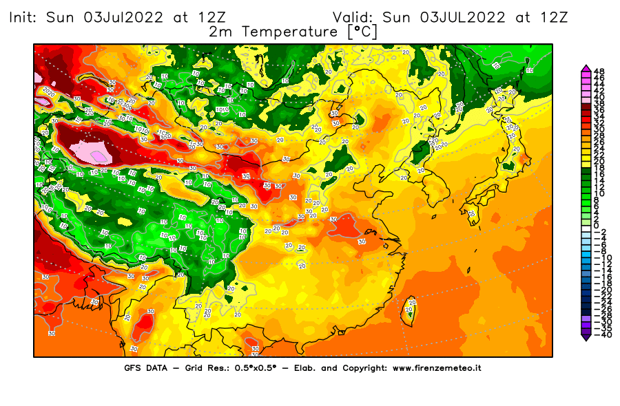 Mappa di analisi GFS - Temperatura a 2 metri dal suolo [°C] in Asia Orientale
							del 03/07/2022 12 <!--googleoff: index-->UTC<!--googleon: index-->