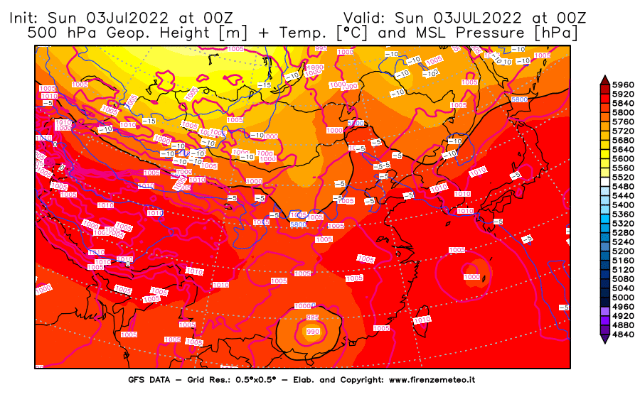 Mappa di analisi GFS - Geopotenziale [m] + Temp. [°C] a 500 hPa + Press. a livello del mare [hPa] in Asia Orientale
							del 03/07/2022 00 <!--googleoff: index-->UTC<!--googleon: index-->