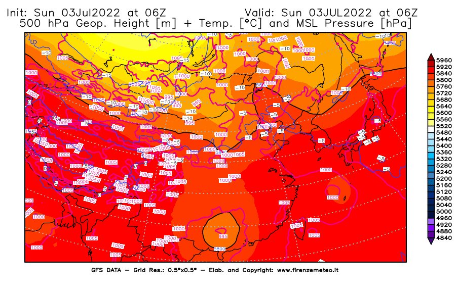 Mappa di analisi GFS - Geopotenziale [m] + Temp. [°C] a 500 hPa + Press. a livello del mare [hPa] in Asia Orientale
							del 03/07/2022 06 <!--googleoff: index-->UTC<!--googleon: index-->
