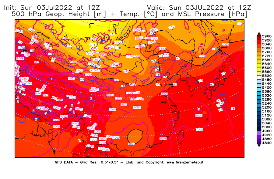 GFS analysi map - Geopotential [m] + Temp. [°C] at 500 hPa + Sea Level Pressure [hPa] in East Asia
									on 03/07/2022 12 <!--googleoff: index-->UTC<!--googleon: index-->