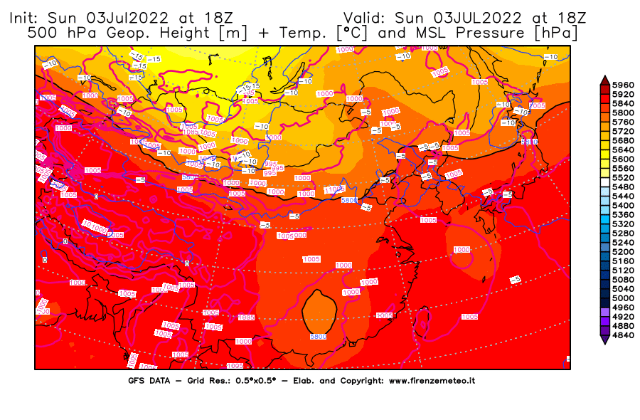 Mappa di analisi GFS - Geopotenziale [m] + Temp. [°C] a 500 hPa + Press. a livello del mare [hPa] in Asia Orientale
							del 03/07/2022 18 <!--googleoff: index-->UTC<!--googleon: index-->