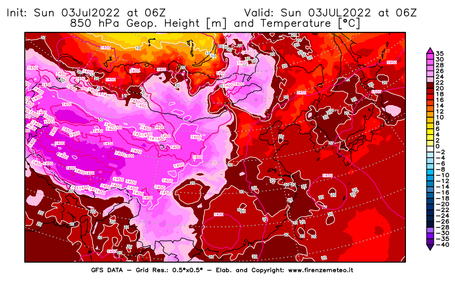 Mappa di analisi GFS - Geopotenziale [m] e Temperatura [°C] a 850 hPa in Asia Orientale
							del 03/07/2022 06 <!--googleoff: index-->UTC<!--googleon: index-->