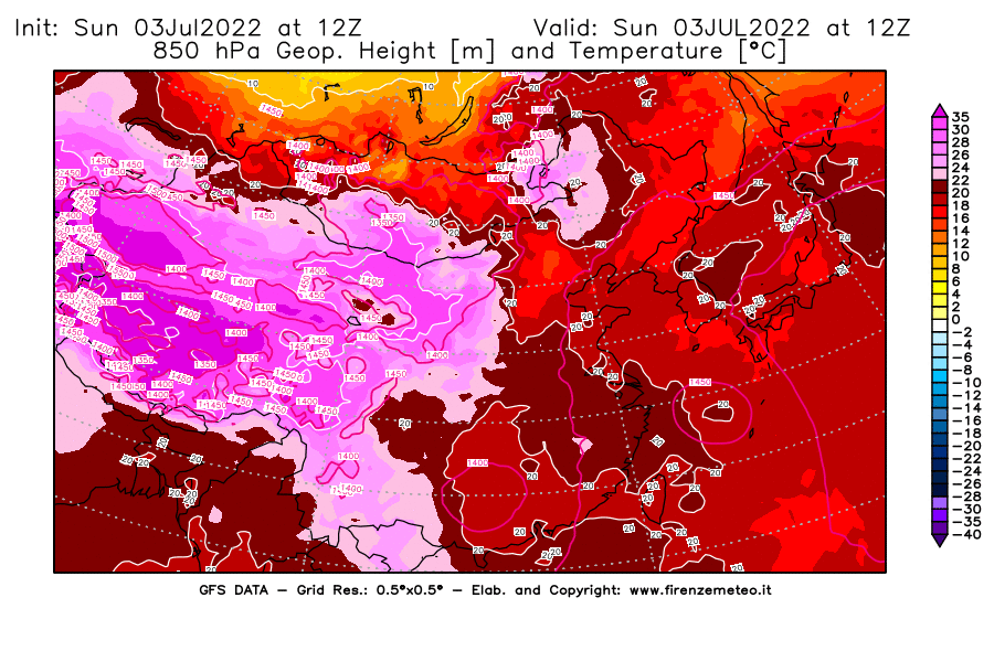 Mappa di analisi GFS - Geopotenziale [m] e Temperatura [°C] a 850 hPa in Asia Orientale
							del 03/07/2022 12 <!--googleoff: index-->UTC<!--googleon: index-->