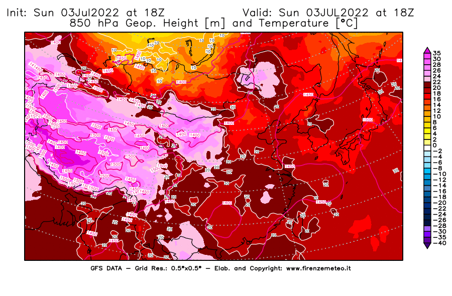 Mappa di analisi GFS - Geopotenziale [m] e Temperatura [°C] a 850 hPa in Asia Orientale
							del 03/07/2022 18 <!--googleoff: index-->UTC<!--googleon: index-->