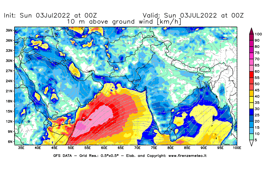 GFS analysi map - Wind Speed at 10 m above ground [km/h] in South West Asia 
									on 03/07/2022 00 <!--googleoff: index-->UTC<!--googleon: index-->