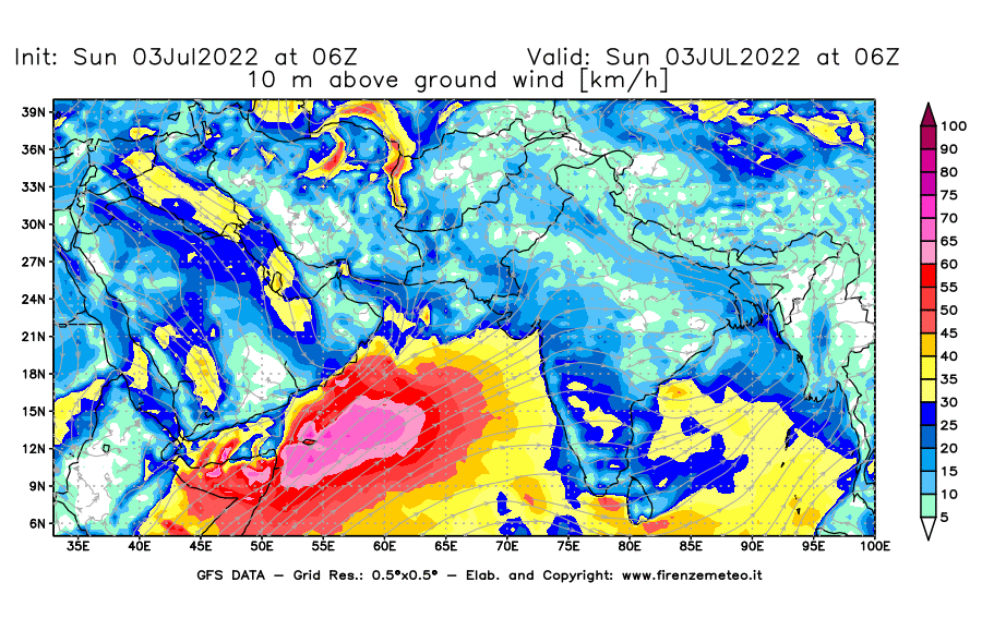 Mappa di analisi GFS - Velocità del vento a 10 metri dal suolo [km/h] in Asia Sud-Occidentale
							del 03/07/2022 06 <!--googleoff: index-->UTC<!--googleon: index-->