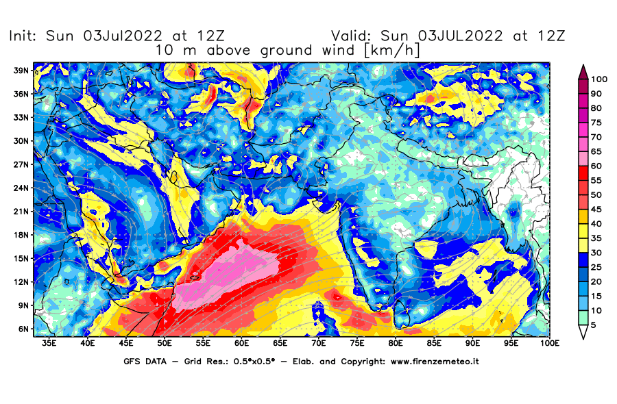 Mappa di analisi GFS - Velocità del vento a 10 metri dal suolo [km/h] in Asia Sud-Occidentale
							del 03/07/2022 12 <!--googleoff: index-->UTC<!--googleon: index-->