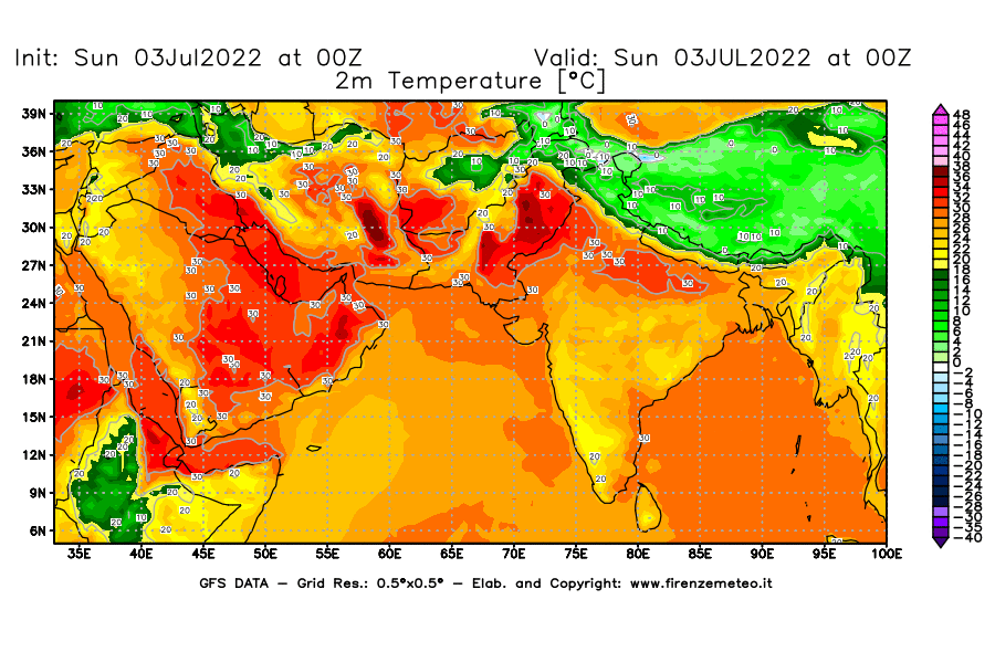 Mappa di analisi GFS - Temperatura a 2 metri dal suolo [°C] in Asia Sud-Occidentale
							del 03/07/2022 00 <!--googleoff: index-->UTC<!--googleon: index-->