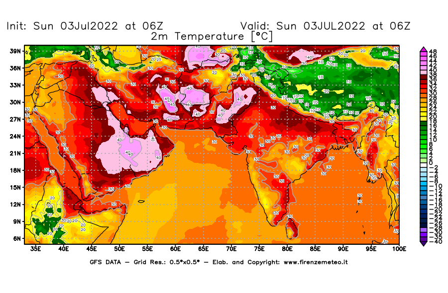 Mappa di analisi GFS - Temperatura a 2 metri dal suolo [°C] in Asia Sud-Occidentale
							del 03/07/2022 06 <!--googleoff: index-->UTC<!--googleon: index-->