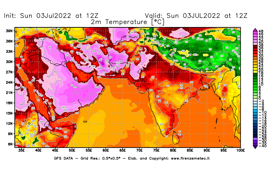 GFS analysi map - Temperature at 2 m above ground [°C] in South West Asia 
									on 03/07/2022 12 <!--googleoff: index-->UTC<!--googleon: index-->