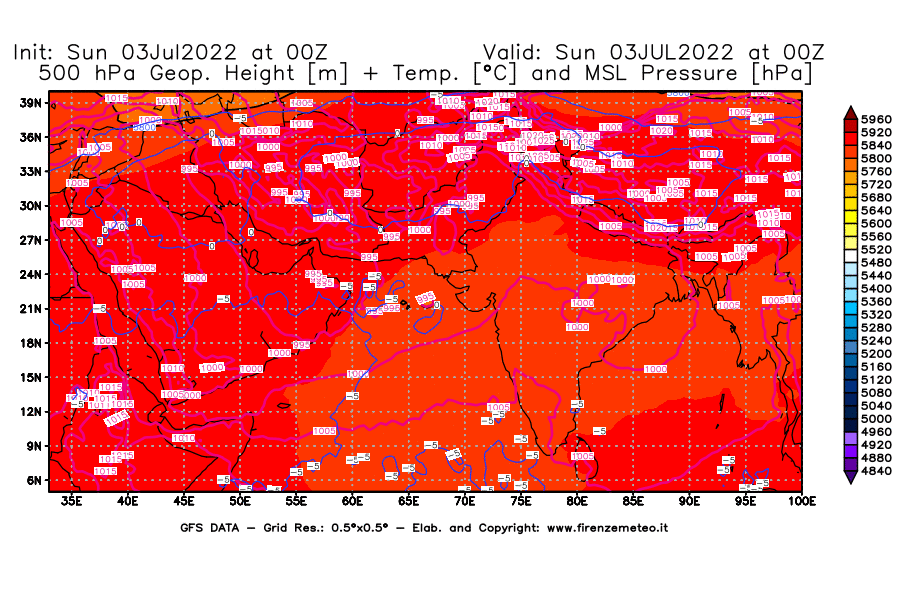 Mappa di analisi GFS - Geopotenziale [m] + Temp. [°C] a 500 hPa + Press. a livello del mare [hPa] in Asia Sud-Occidentale
							del 03/07/2022 00 <!--googleoff: index-->UTC<!--googleon: index-->