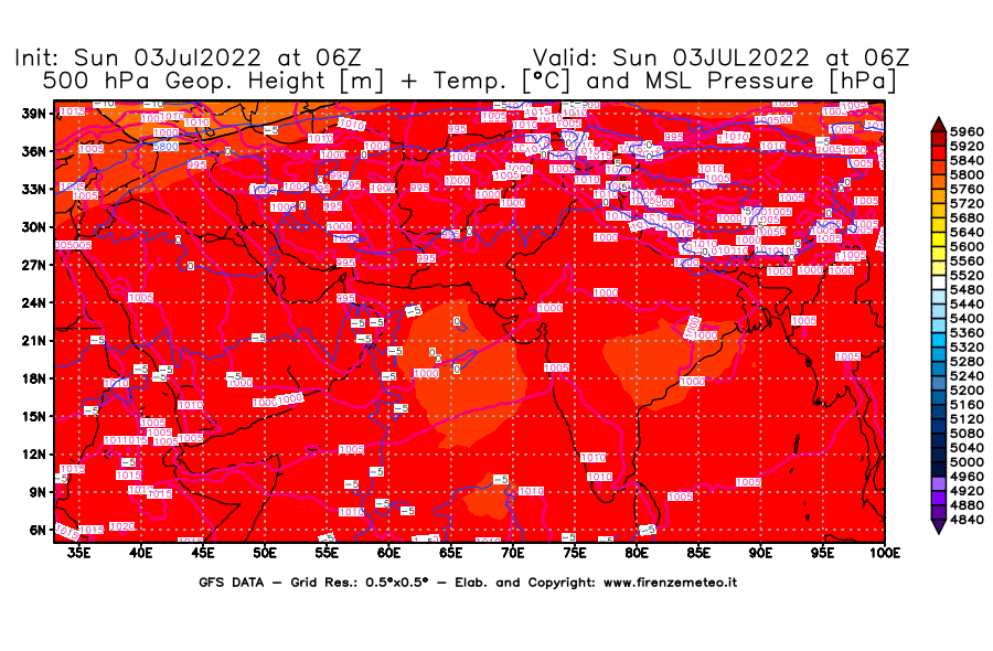 GFS analysi map - Geopotential [m] + Temp. [°C] at 500 hPa + Sea Level Pressure [hPa] in South West Asia 
									on 03/07/2022 06 <!--googleoff: index-->UTC<!--googleon: index-->