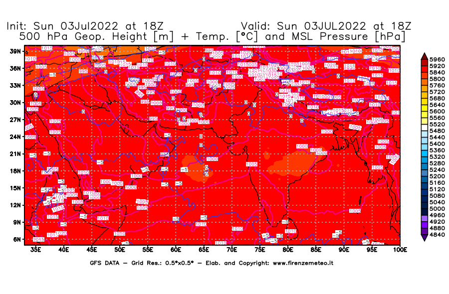 Mappa di analisi GFS - Geopotenziale [m] + Temp. [°C] a 500 hPa + Press. a livello del mare [hPa] in Asia Sud-Occidentale
							del 03/07/2022 18 <!--googleoff: index-->UTC<!--googleon: index-->