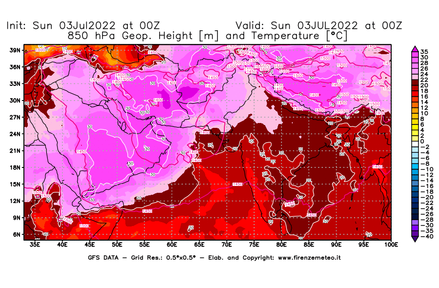 Mappa di analisi GFS - Geopotenziale [m] e Temperatura [°C] a 850 hPa in Asia Sud-Occidentale
							del 03/07/2022 00 <!--googleoff: index-->UTC<!--googleon: index-->