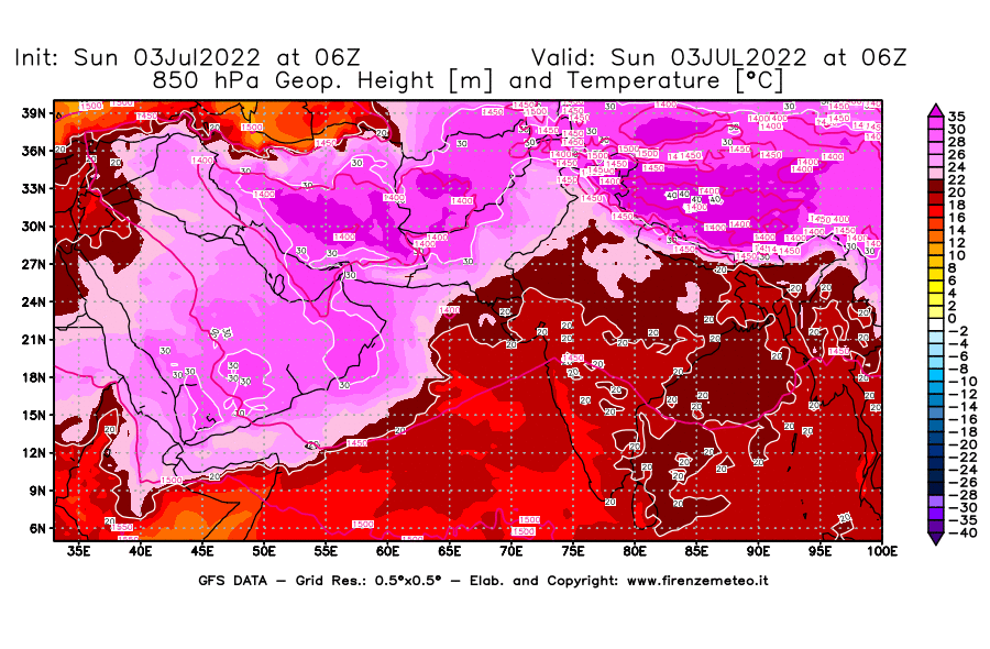 Mappa di analisi GFS - Geopotenziale [m] e Temperatura [°C] a 850 hPa in Asia Sud-Occidentale
							del 03/07/2022 06 <!--googleoff: index-->UTC<!--googleon: index-->