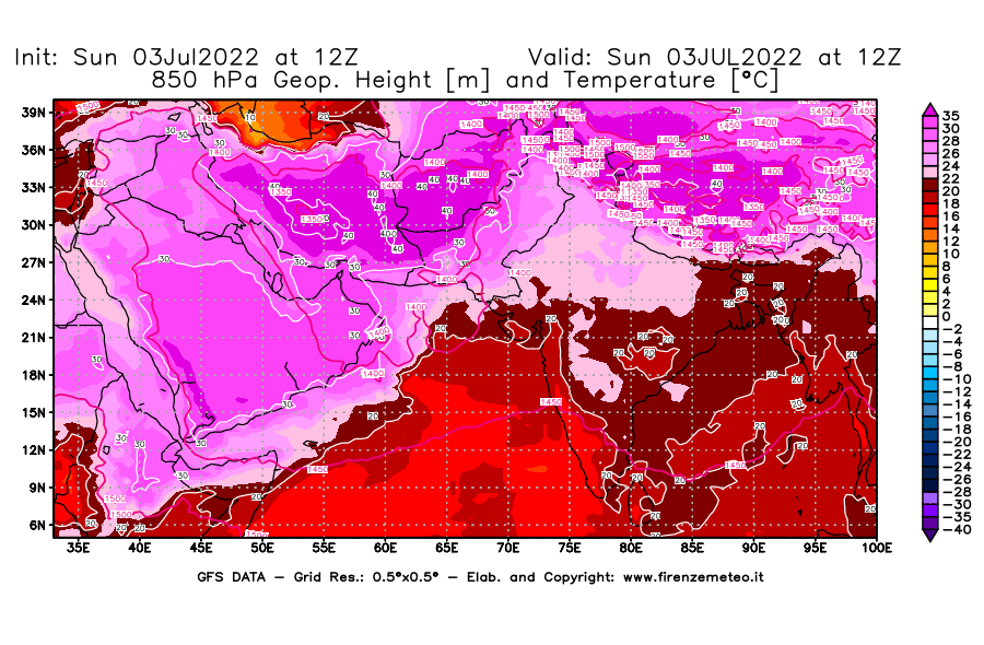 Mappa di analisi GFS - Geopotenziale [m] e Temperatura [°C] a 850 hPa in Asia Sud-Occidentale
							del 03/07/2022 12 <!--googleoff: index-->UTC<!--googleon: index-->