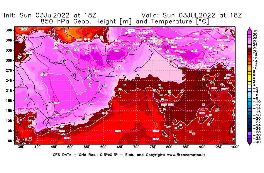 Mappa di analisi GFS - Geopotenziale [m] e Temperatura [°C] a 850 hPa in Asia Sud-Occidentale
							del 03/07/2022 18 <!--googleoff: index-->UTC<!--googleon: index-->