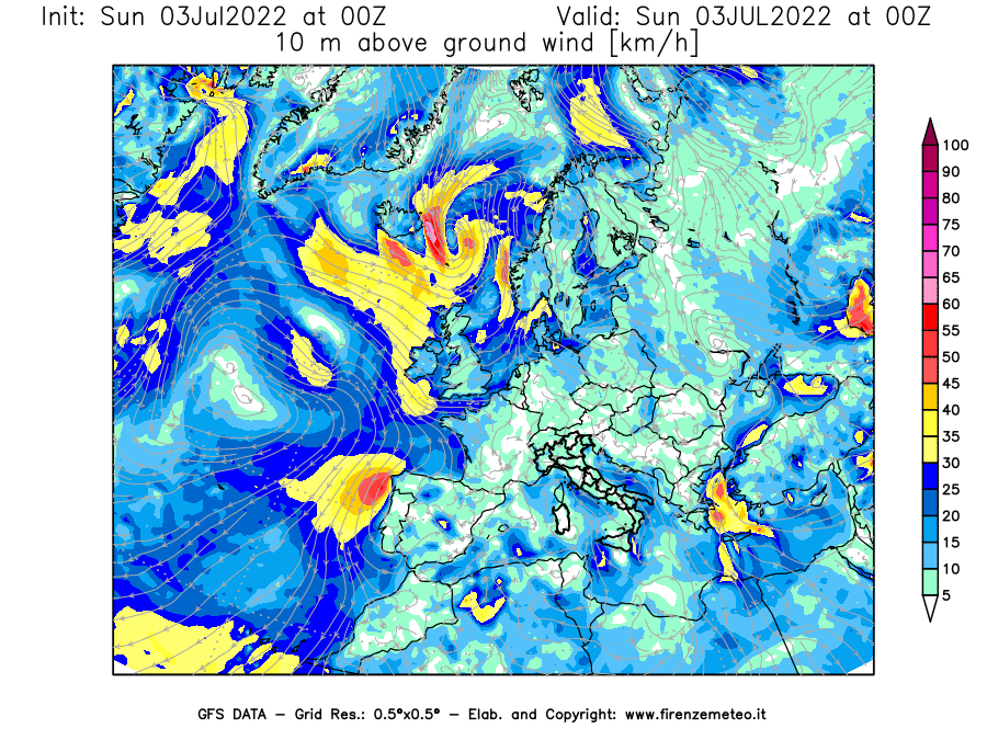 Mappa di analisi GFS - Velocità del vento a 10 metri dal suolo [km/h] in Europa
							del 03/07/2022 00 <!--googleoff: index-->UTC<!--googleon: index-->