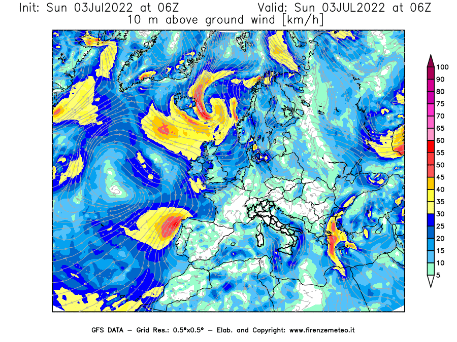 Mappa di analisi GFS - Velocità del vento a 10 metri dal suolo [km/h] in Europa
							del 03/07/2022 06 <!--googleoff: index-->UTC<!--googleon: index-->